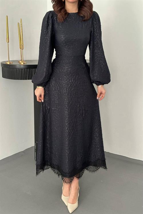 Wholesale Navy Embossed Shimmery Maxi Dress with Lace Trim