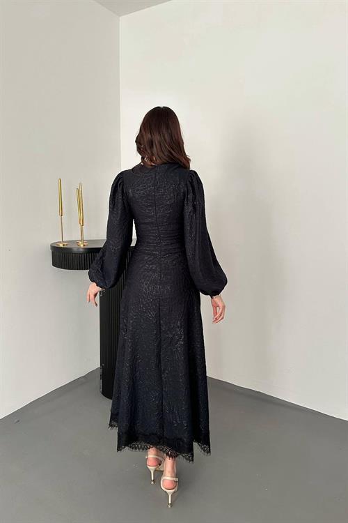 Wholesale Navy Embossed Shimmery Maxi Dress with Lace Trim