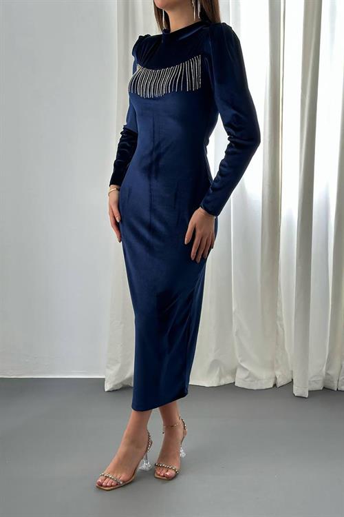Wholesale Navy Velvet Dress with Rhinestone Fringe