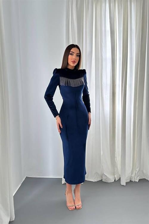 Wholesale Navy Velvet Dress with Rhinestone Fringe