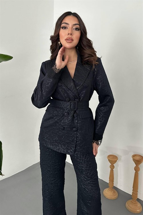 Wholesale Navy Sparkly Suit with Lace Trim