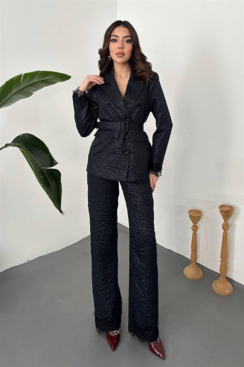 Wholesale Navy Sparkly Suit with Lace Trim