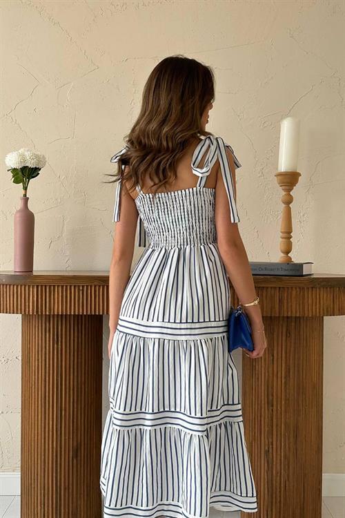 Toptan Lacivert Omuzdan Bağlamalı Çizgili Elbise