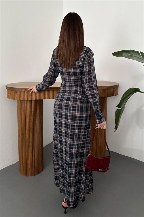 Wholesale Navy Pleated Plaid Dress