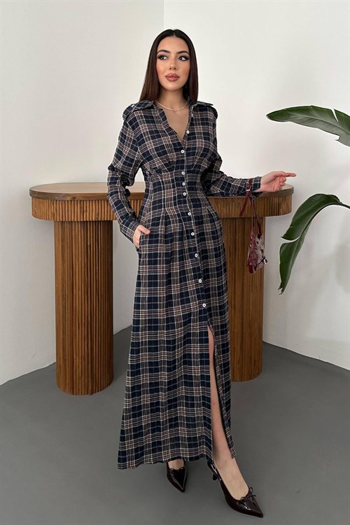 Wholesale Navy Pleated Plaid Dress
