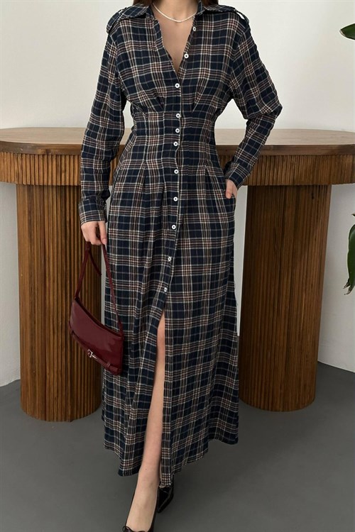Wholesale Navy Pleated Plaid Dress