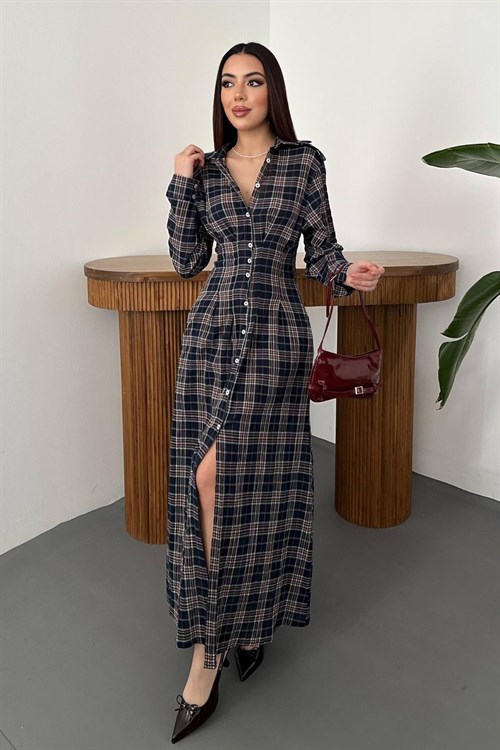 Wholesale Navy Pleated Plaid Dress