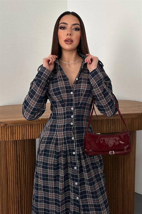 Wholesale Navy Pleated Plaid Dress