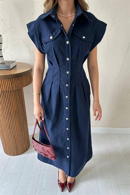 Wholesale Navy Pleated Gabardine Dress