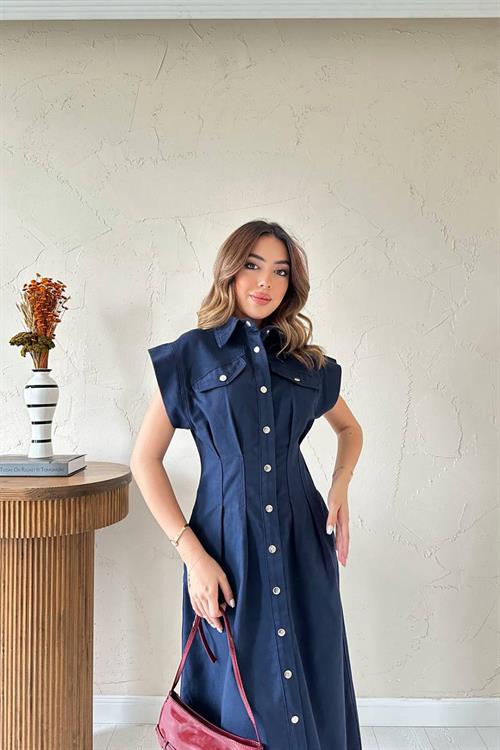 Wholesale Navy Pleated Gabardine Dress