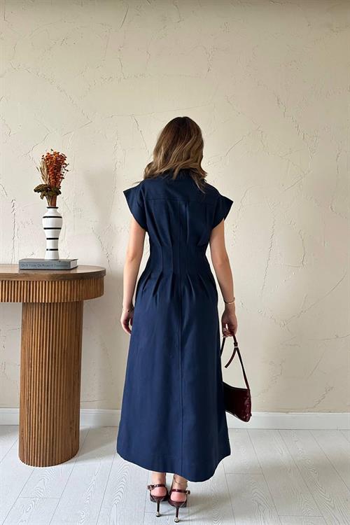 Wholesale Navy Pleated Gabardine Dress
