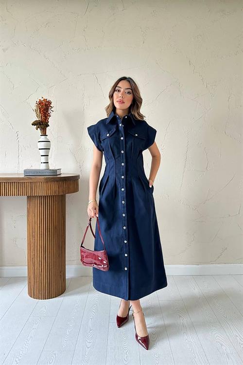 Wholesale Navy Pleated Gabardine Dress