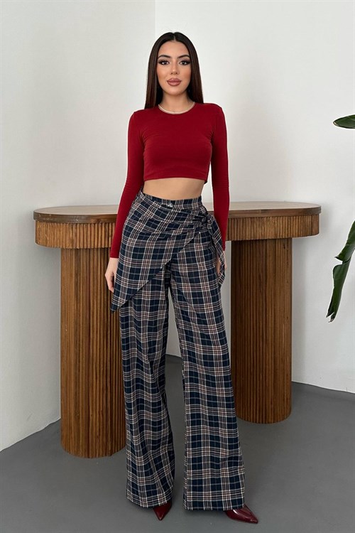 Wholesale Navy Blue Plaid Trousers with Matching Belt