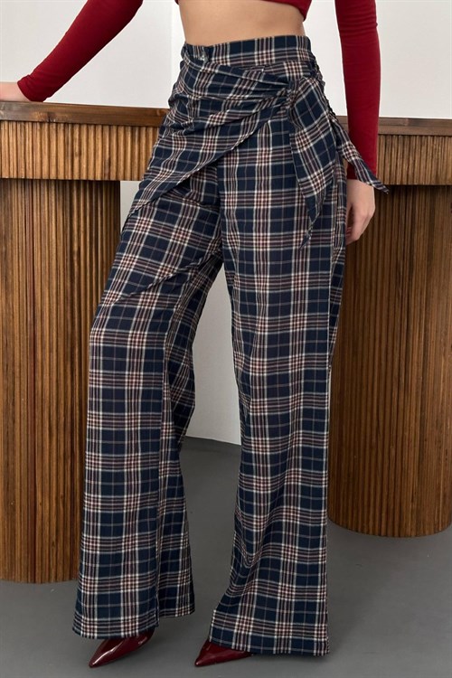 Wholesale Navy Blue Plaid Trousers with Matching Belt