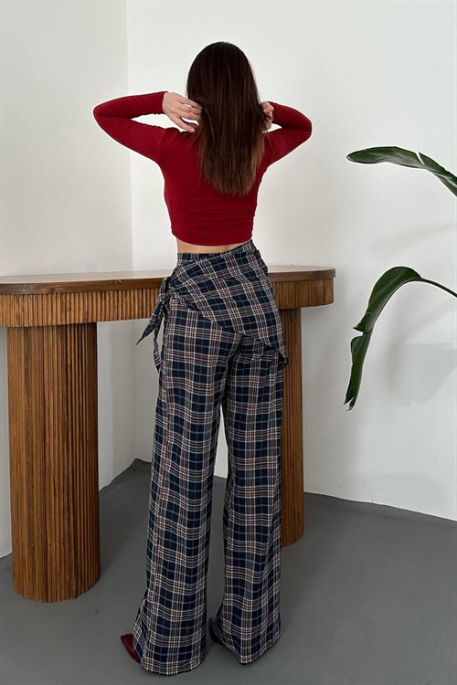 Wholesale Navy Blue Plaid Trousers with Matching Belt
