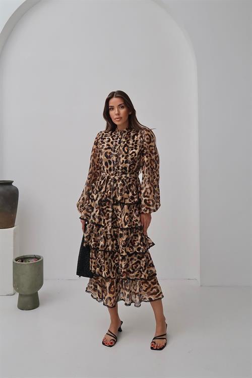 Toptan Leopar Volanlı Şeritli Uzun Elbise