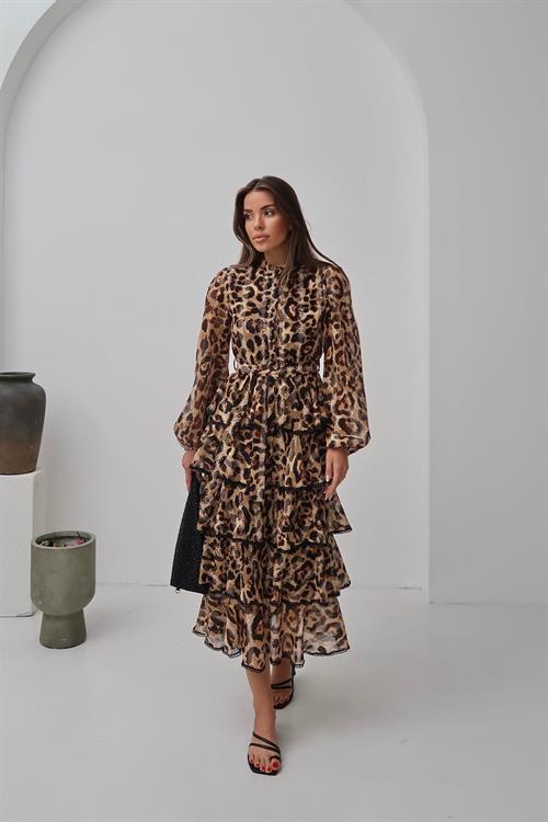 Toptan Leopar Volanlı Şeritli Uzun Elbise