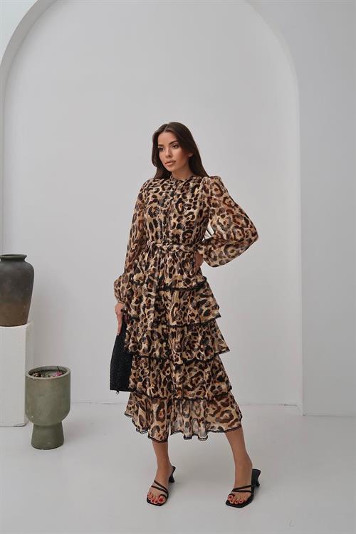 Toptan Leopar Volanlı Şeritli Uzun Elbise