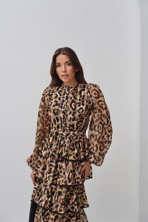 Toptan Leopar Volanlı Şeritli Uzun Elbise