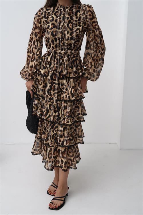 Toptan Leopar Volanlı Şeritli Uzun Elbise