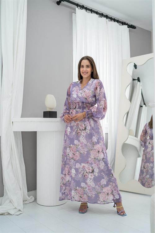 Toptan Lila Gipeli Şifon Elbise