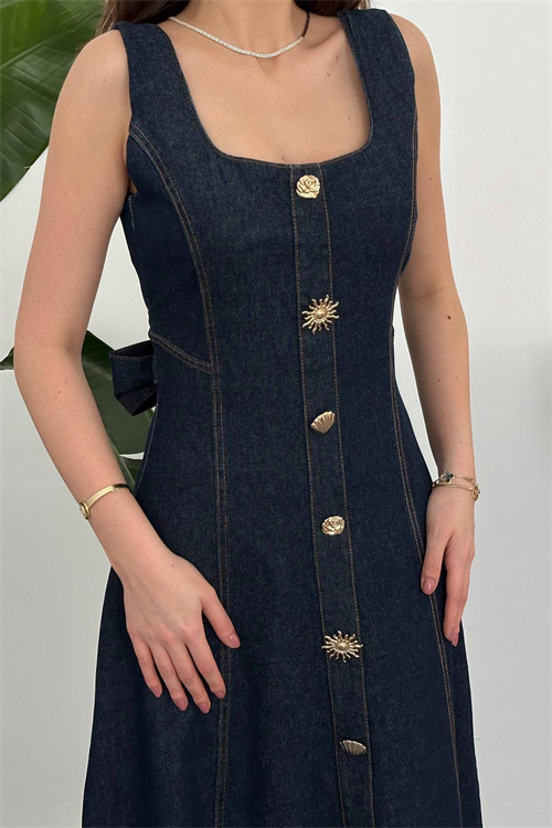 Wholesale Navy Denim Dress with Decorative Buttons