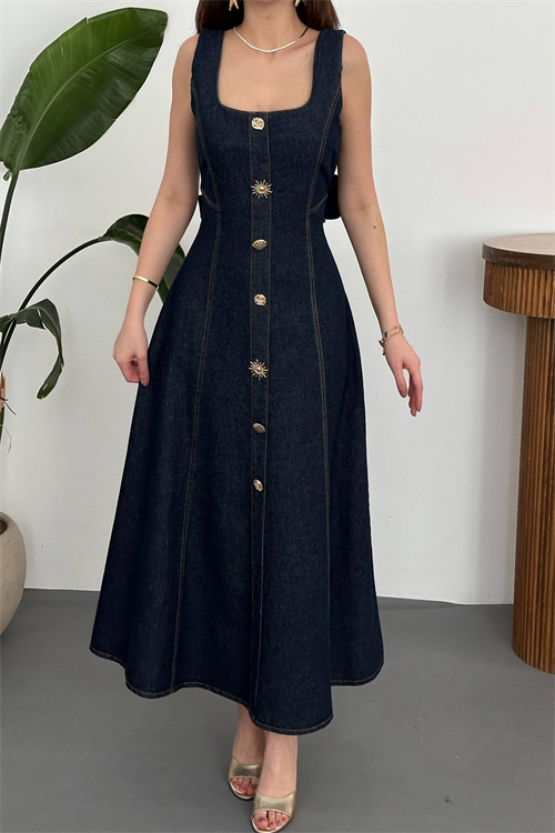 Wholesale Navy Denim Dress with Decorative Buttons