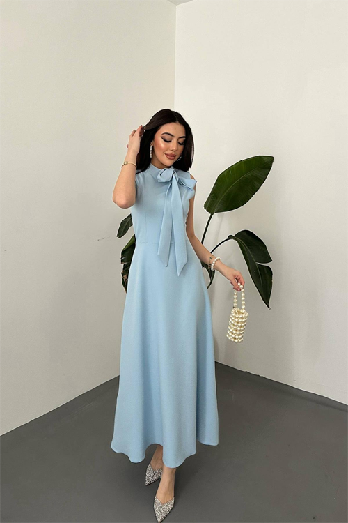 Wholesale Baby Blue Tie-Neck Long Dress