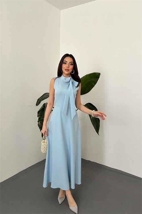 Wholesale Baby Blue Tie-Neck Long Dress