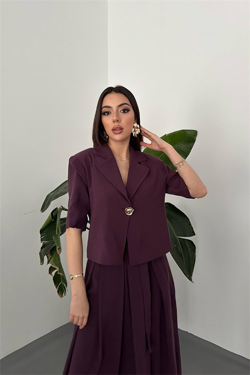 Toptan Mürdüm Tek Düğmeli Kısa Ceket Ve Etek Takım