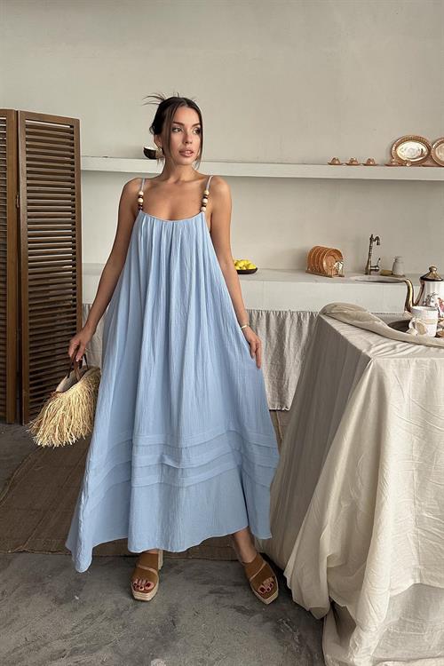 Toptan Mavi Askılı Müslin Elbise