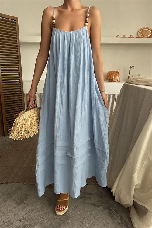 Toptan Mavi Askılı Müslin Elbise