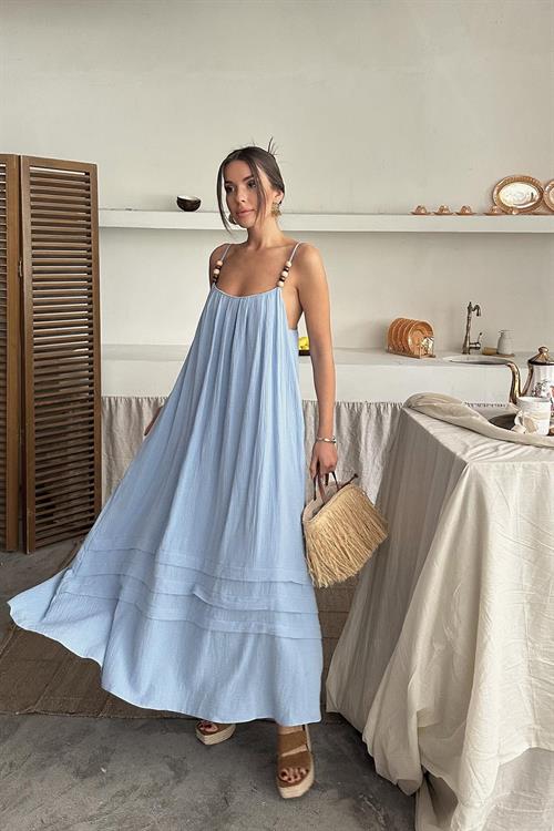 Toptan Mavi Askılı Müslin Elbise