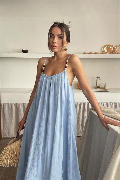 Toptan Mavi Askılı Müslin Elbise