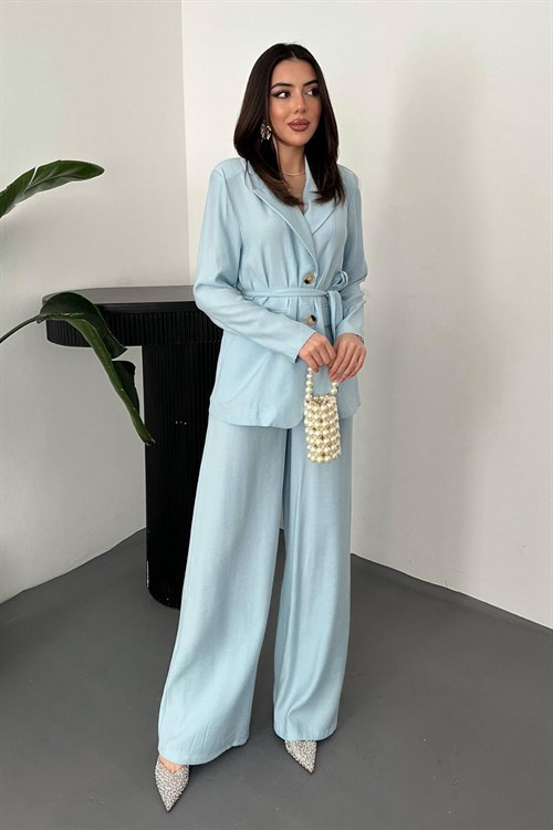 Wholesale Light Blue Belted Jacket and Palazzo Trousers Suit