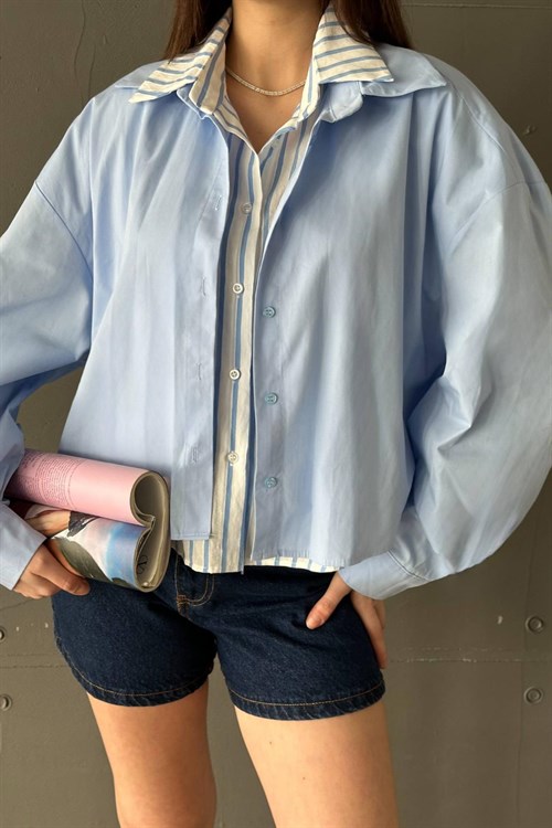 Toptan Mavi Çizgi Garnili Oversıze Gömlek