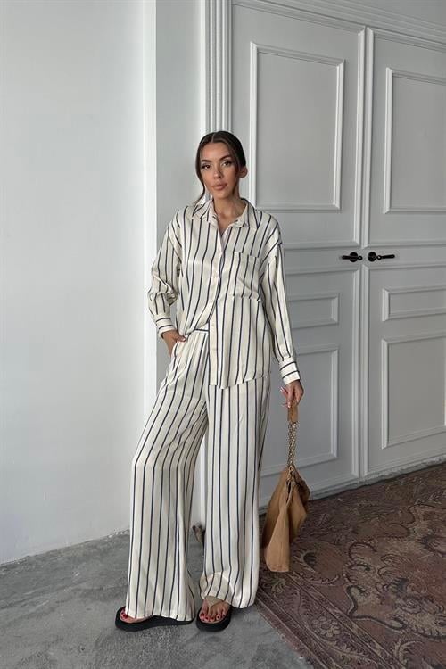 Wholesale Blue Striped Satin Set