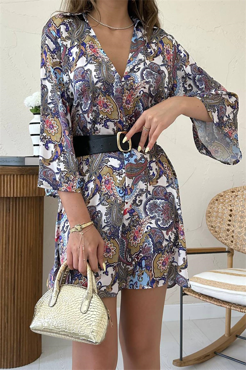 Wholesale Blue Patterned Shirt Dress