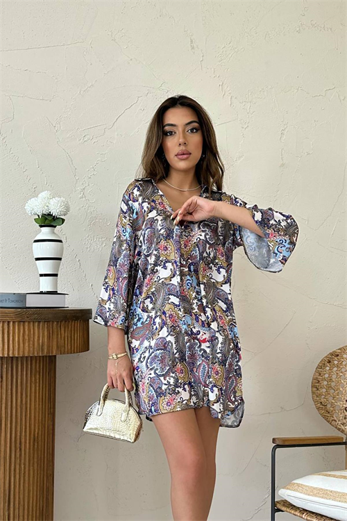 Wholesale Blue Patterned Shirt Dress