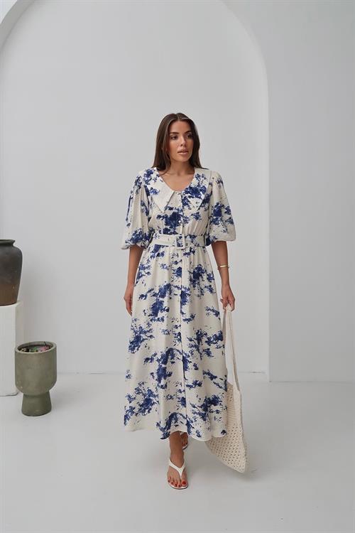 Toptan Mavi Desenli Kemerli Elbise