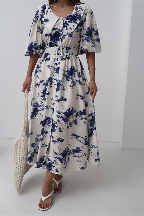 Toptan Mavi Desenli Kemerli Elbise