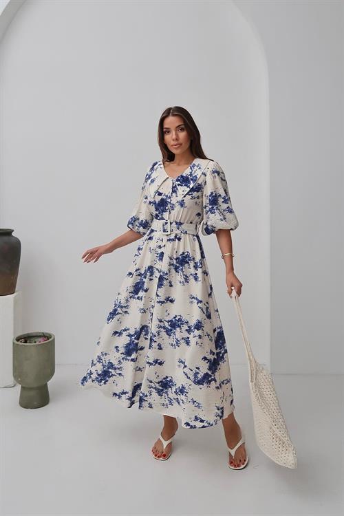 Toptan Mavi Desenli Kemerli Elbise