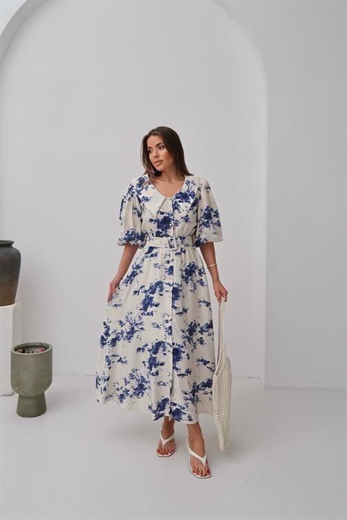 Toptan Mavi Desenli Kemerli Elbise