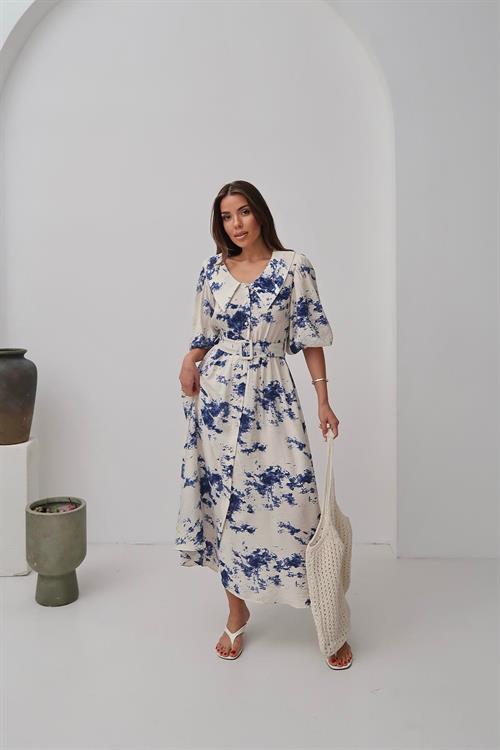 Toptan Mavi Desenli Kemerli Elbise