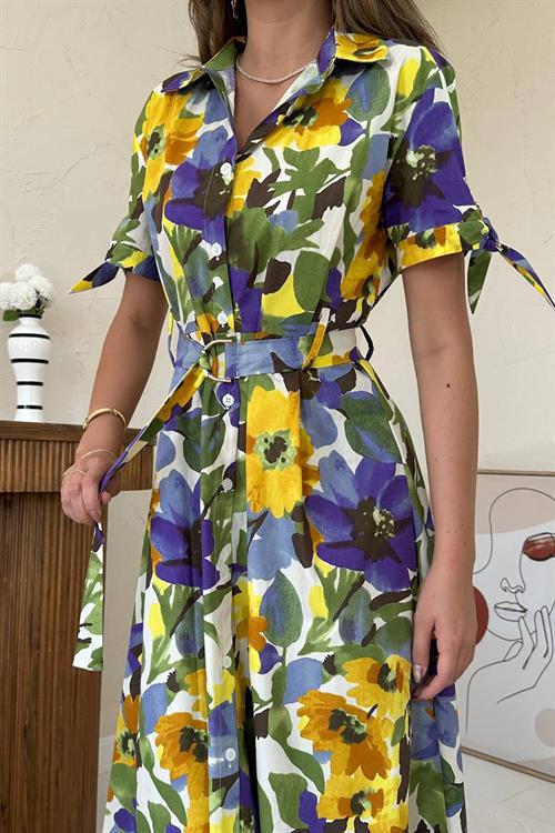 Toptan Mavi Desenli Uzun Pileli Elbise