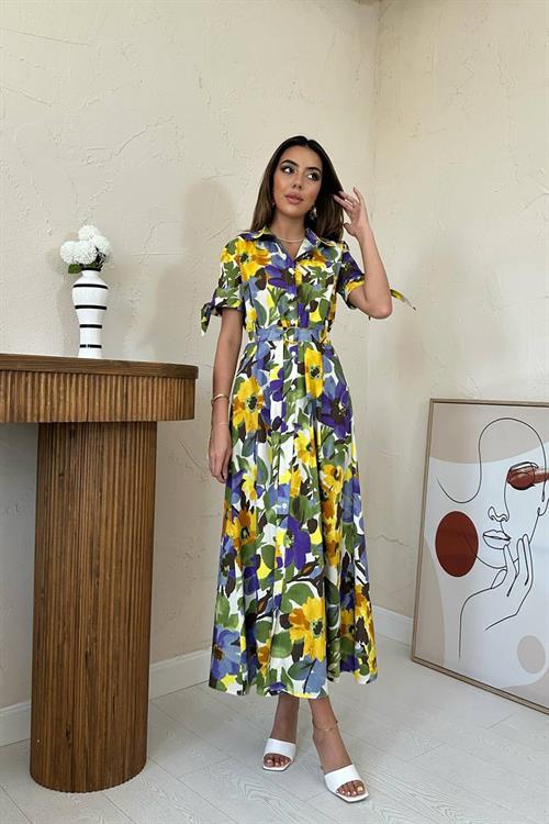 Toptan Mavi Desenli Uzun Pileli Elbise