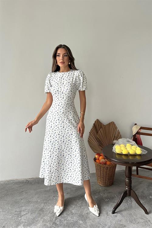 Toptan Mavi Dijital Baskılı Atlas Elbise