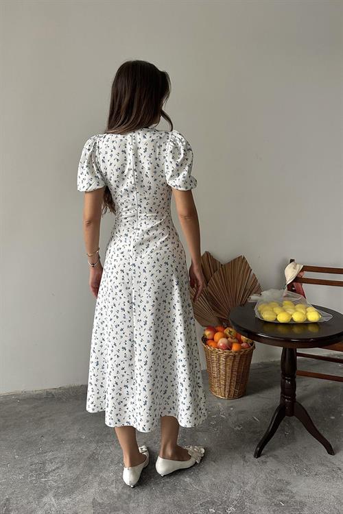 Toptan Mavi Dijital Baskılı Atlas Elbise