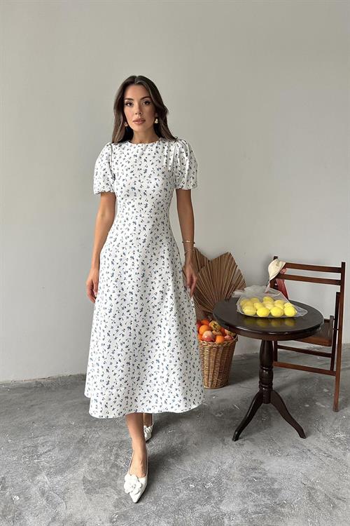 Toptan Mavi Dijital Baskılı Atlas Elbise