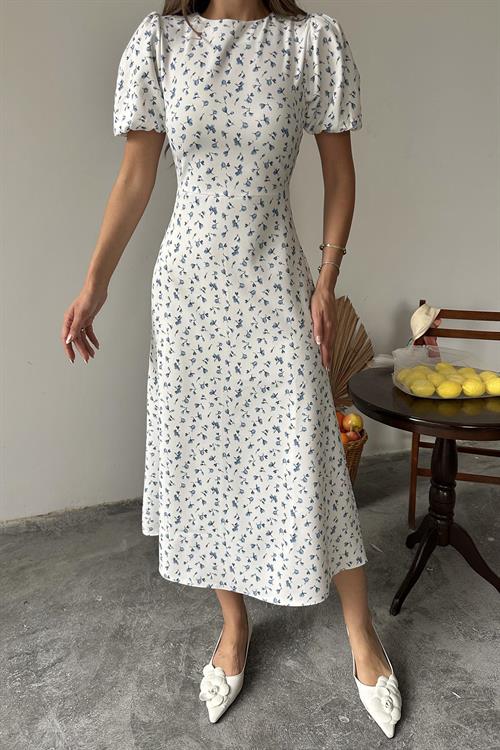 Toptan Mavi Dijital Baskılı Atlas Elbise